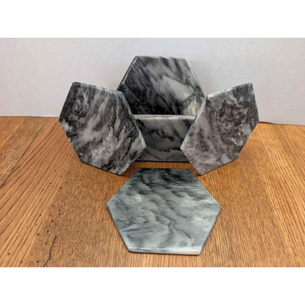 4 MCM Handmade Black & White Marble Stone Coasters With Holder